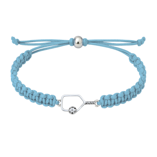 Light blue braided rope bracelet with a silver pickleball paddle charm