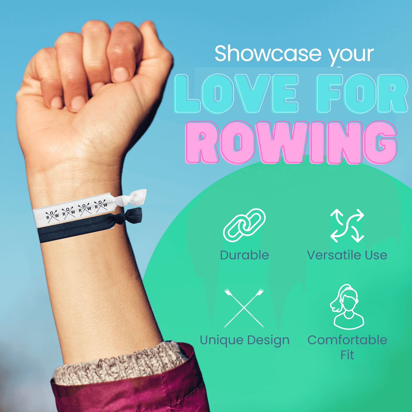 Hand wearing rowing hair tie showcasing love for rowing; features unique design, durable and comfortable fit.