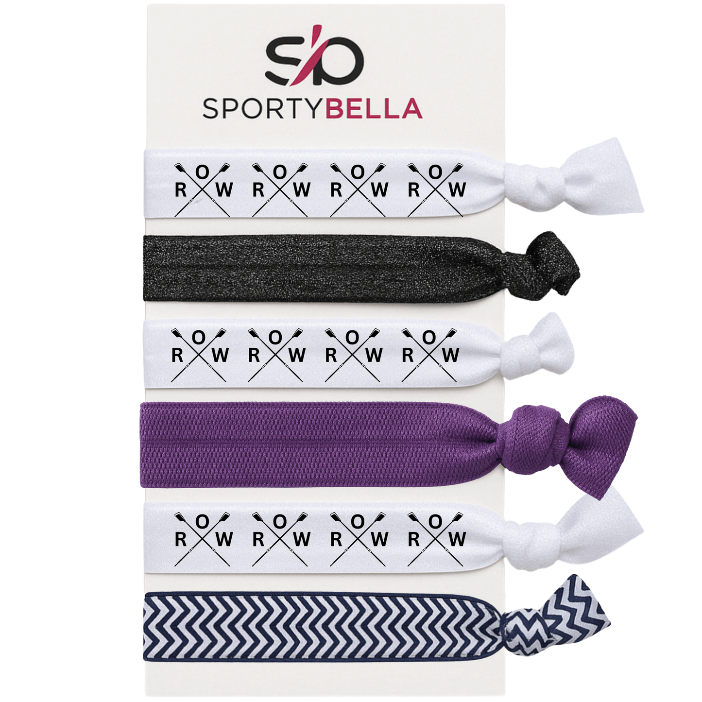 Set of 6 rowing hair ties featuring crossed oars and 'ROW' print, perfect gift for girls in crew teams.