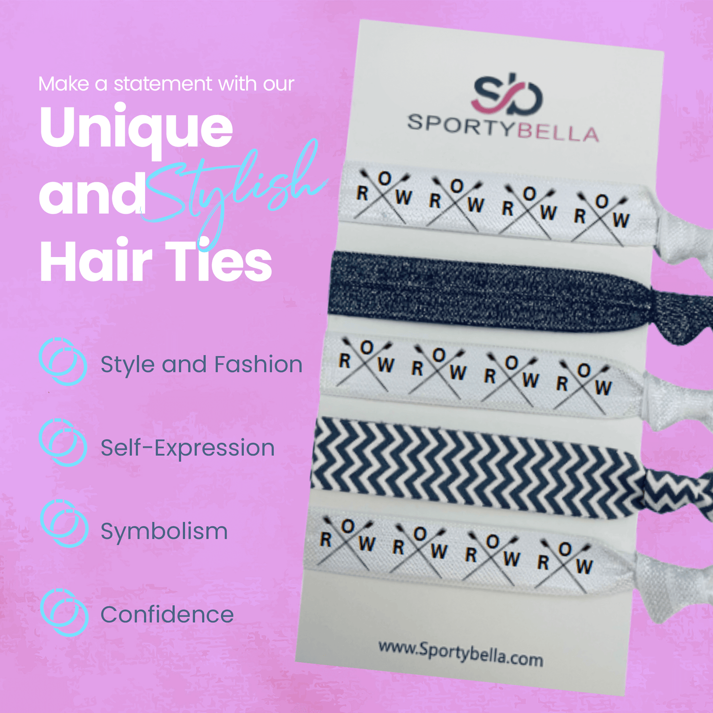Unique rowing hair ties from Sportybella, featuring RWR design for style and confidence in crew teams.