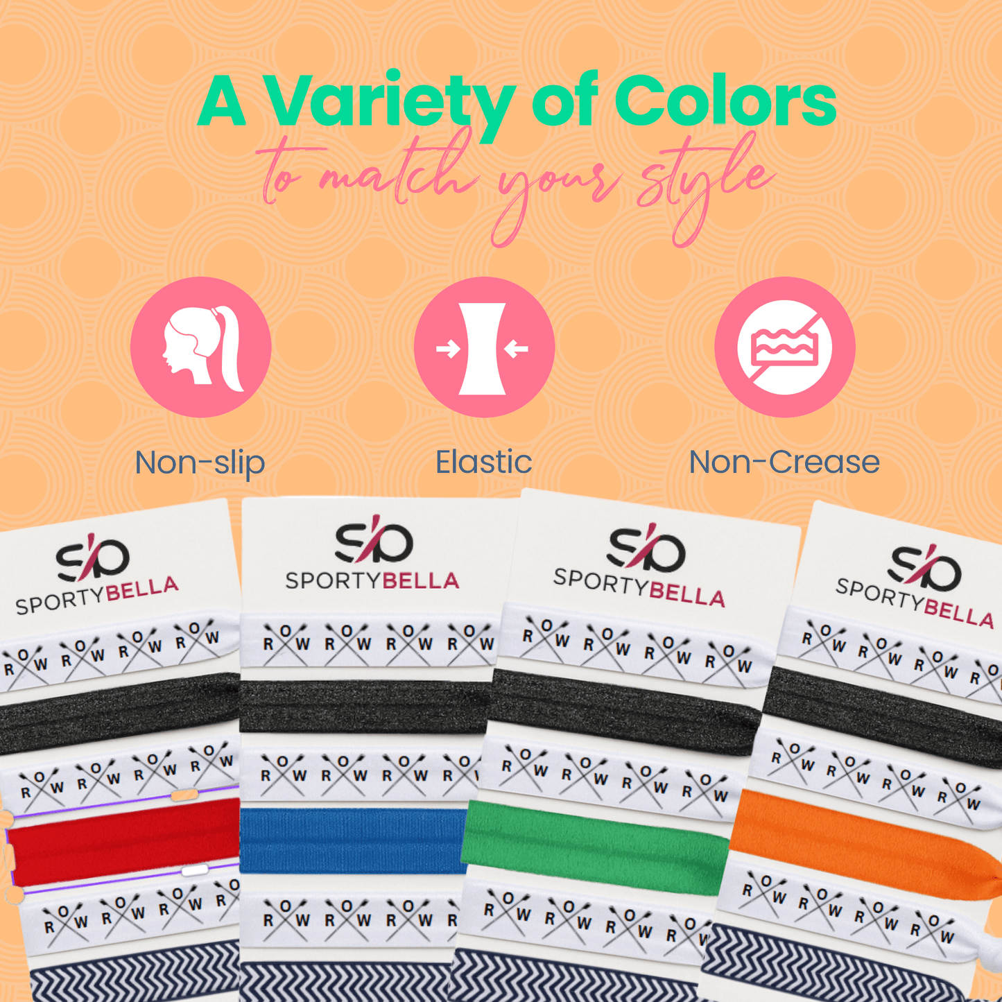 Set of colorful rowing hair ties; no crease, non-slip, elastic hair accessories for rowers and crew teams.