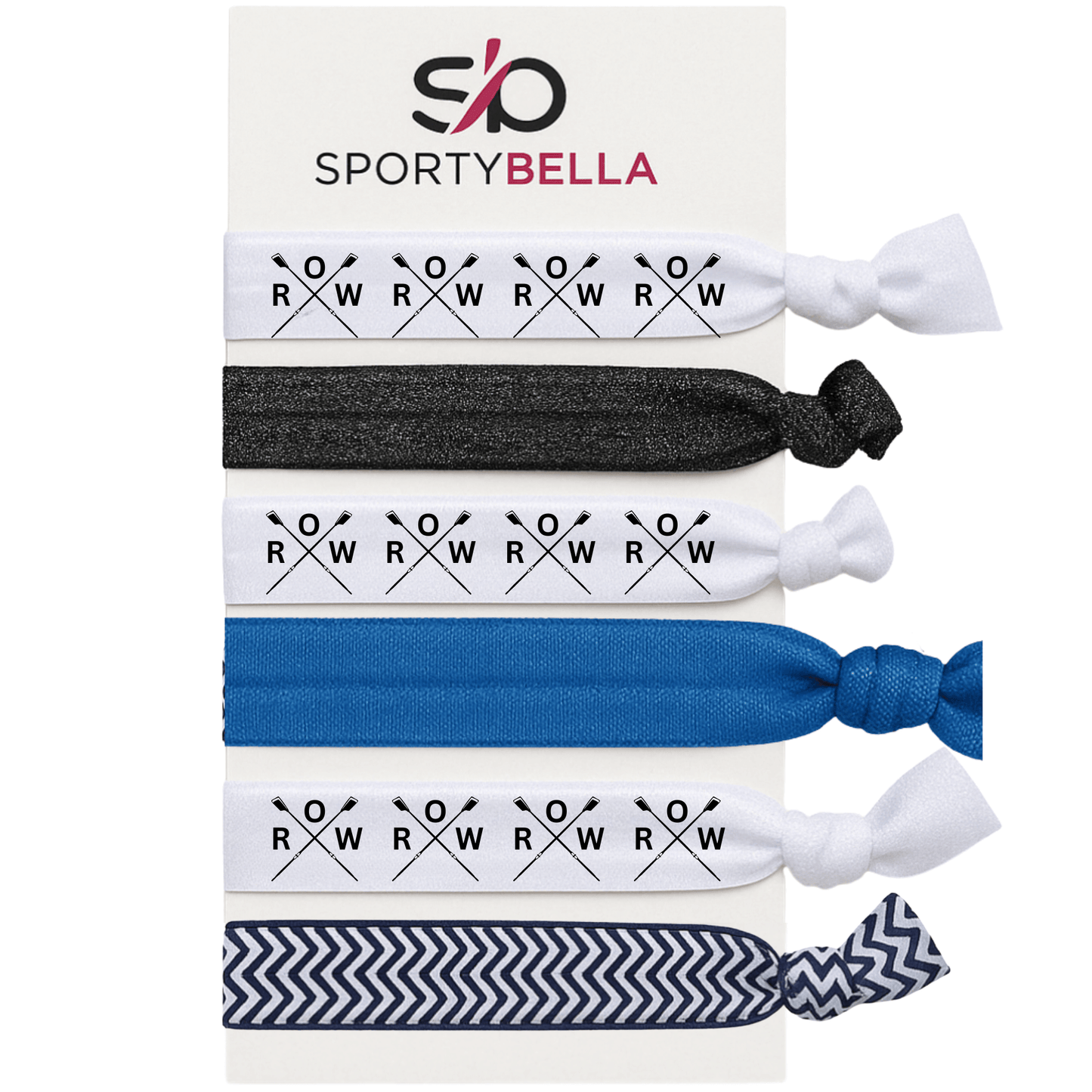 Set of 6 rowing hair ties featuring crossed oars design, perfect rowing gift for girls and crew teams.