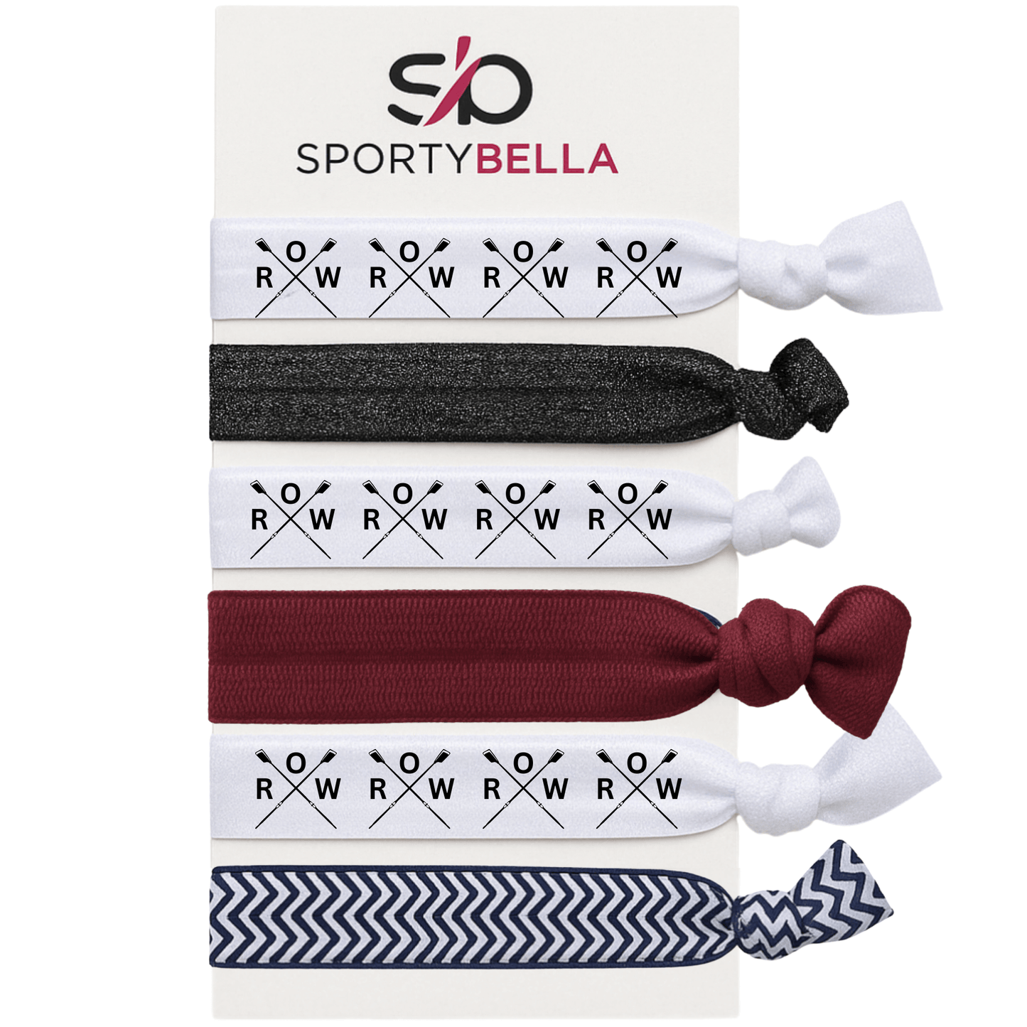 Set of 6 Rowing Hair Ties featuring crossed oars design, ideal rowing gift for girls and crew teams.