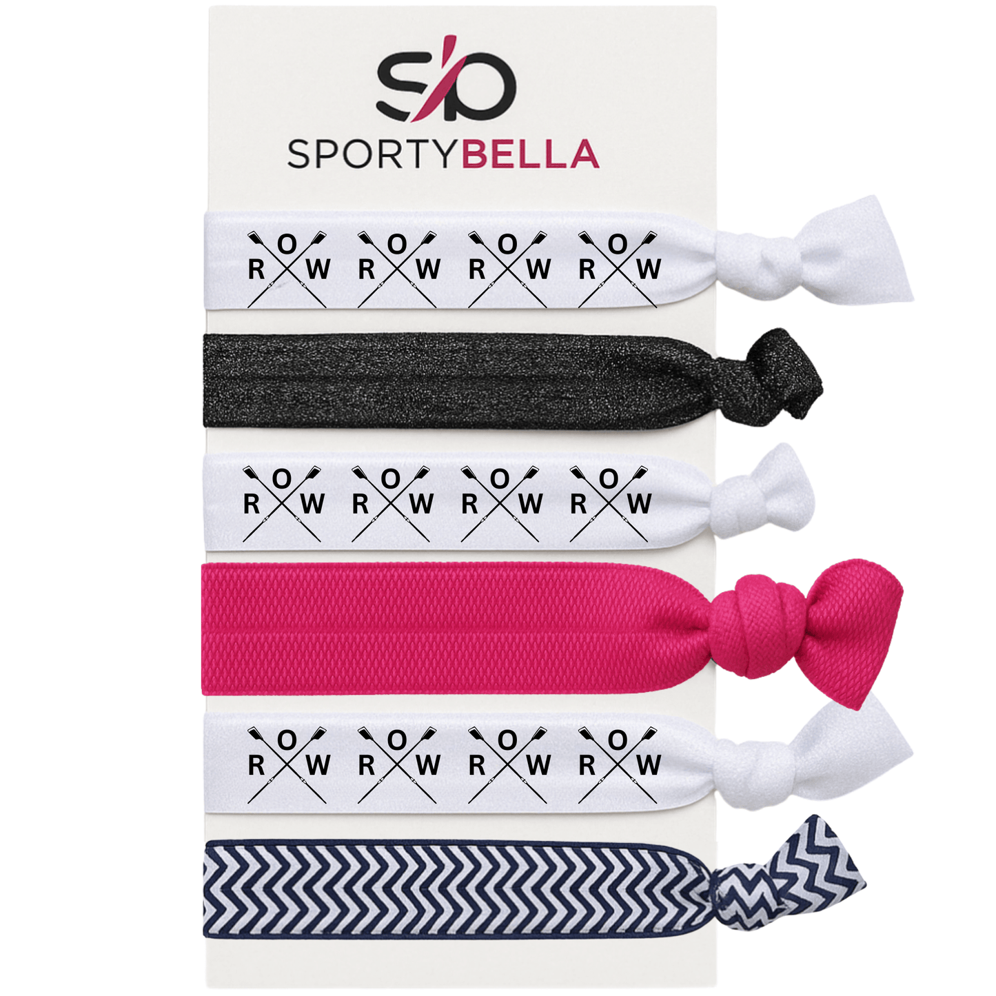 Set of 6 rowing hair ties featuring crossed oars and "ROW" design, perfect for girls and crew teams.