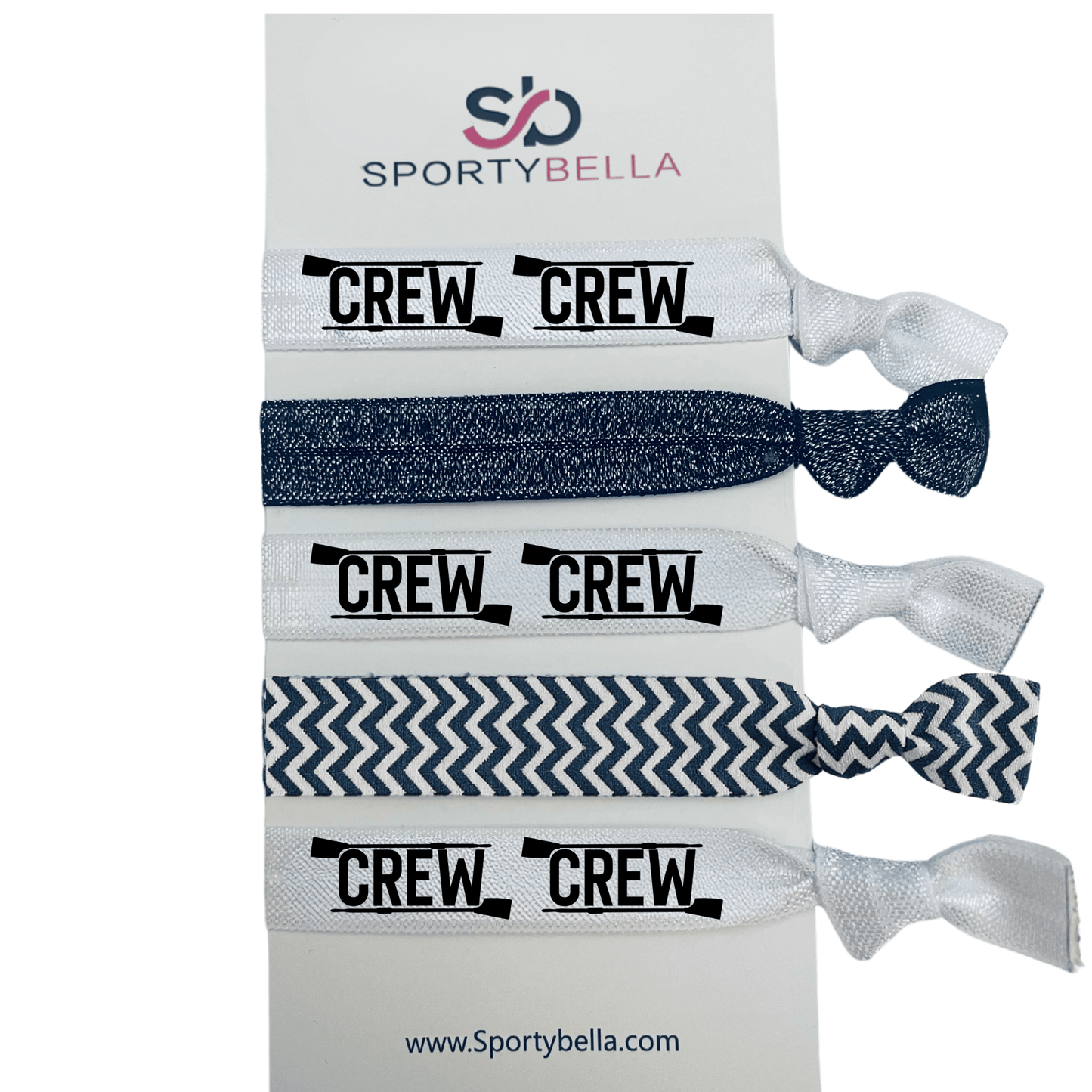 Set of Rowing Hair Ties with 'CREW' design, no crease elastic ponytail holders for rowers and crew teams.