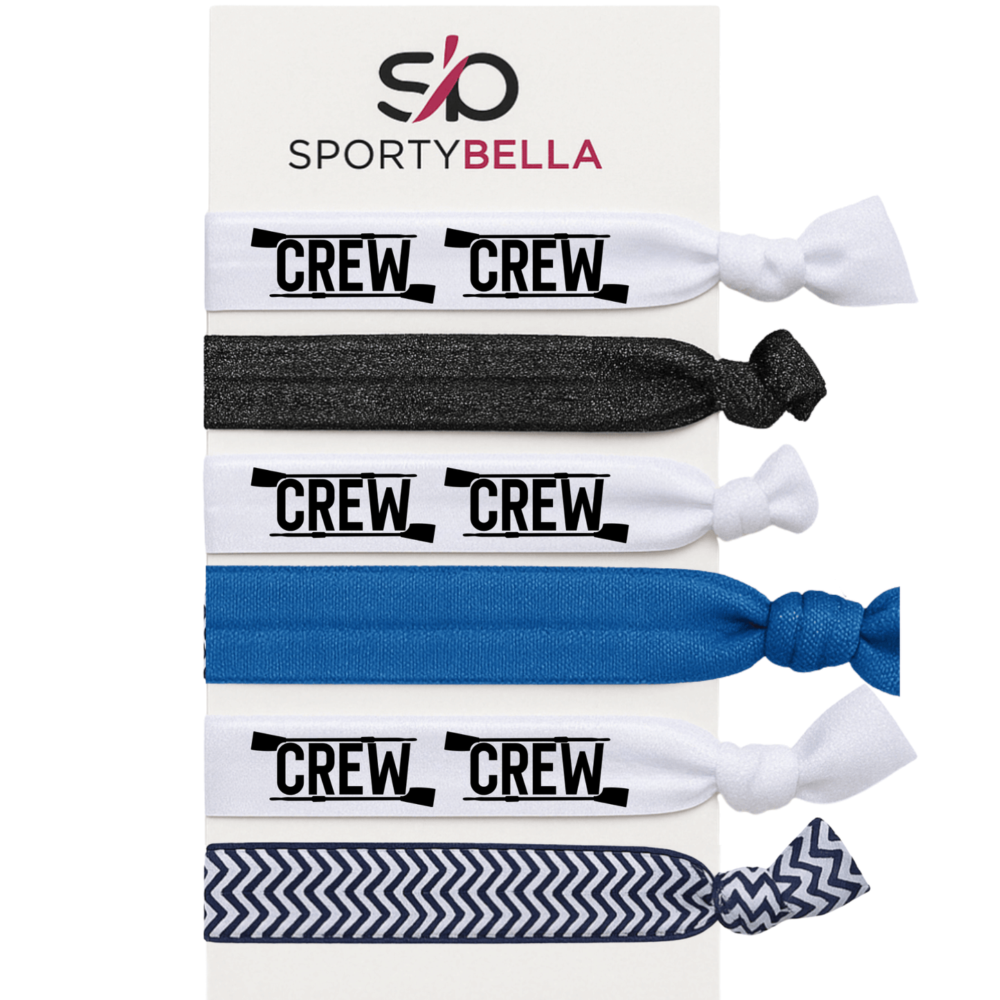 Set of 6 Rowing Hair Ties with 'CREW' print, no crease holders for rowers and girls in crew teams.