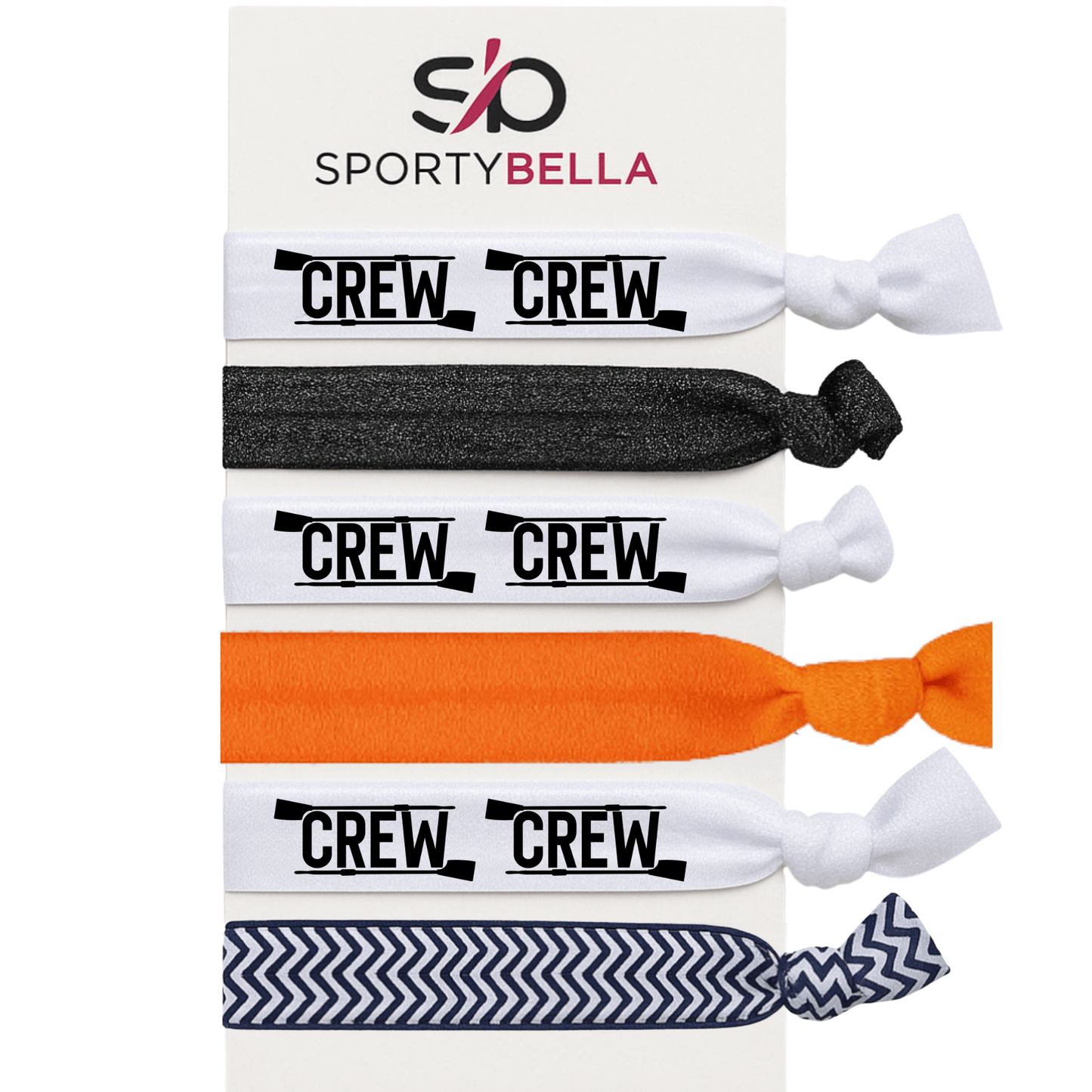 Set of 6 rowing hair ties with 'CREW' design, perfect for rowers and boat teams. Ideal rowing gift for girls.