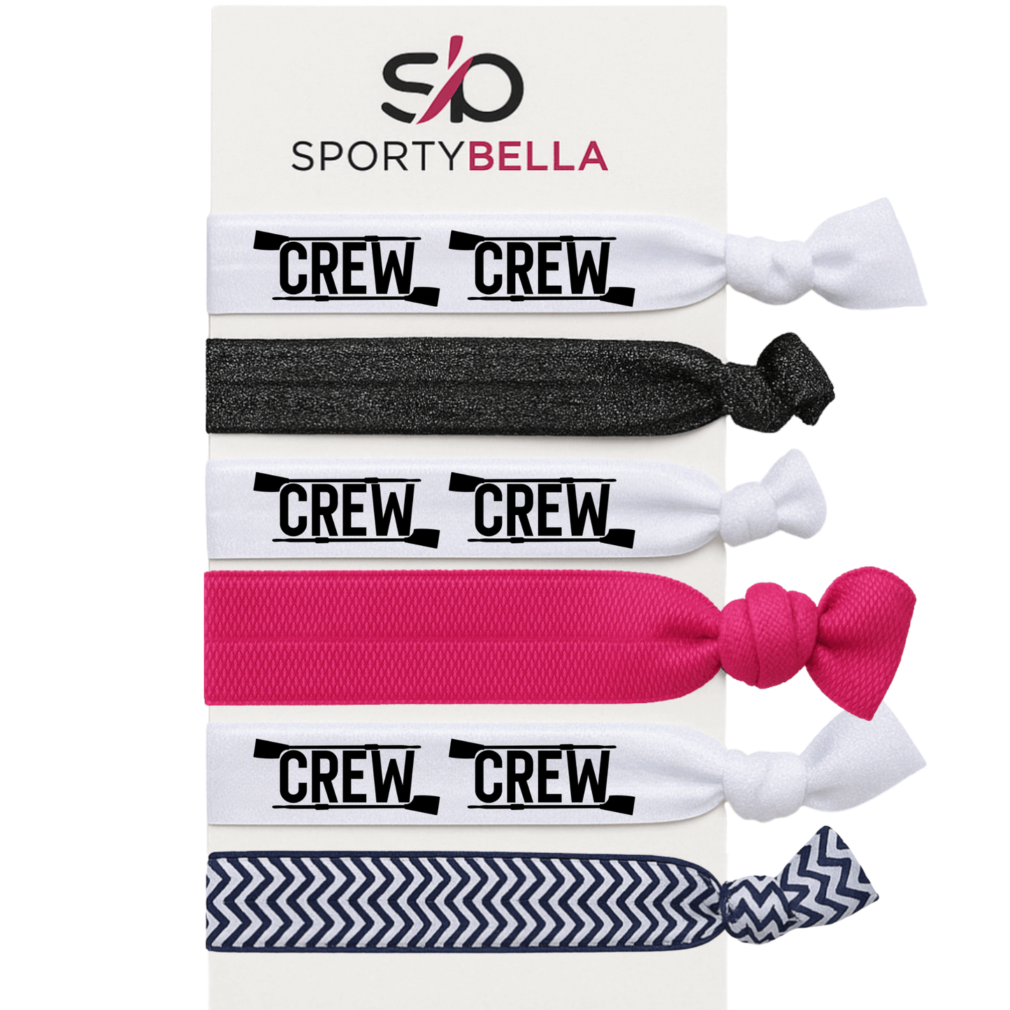 Set of 6 rowing hair ties with 'CREW' print, ideal gift for girls in boat teams and crew sports.