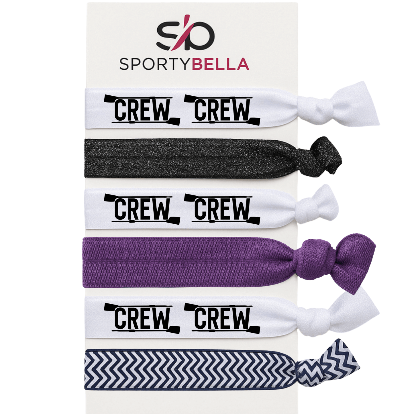 Set of 6 no crease hair ties for rowing featuring 'CREW' design, perfect rowing gift for girls.