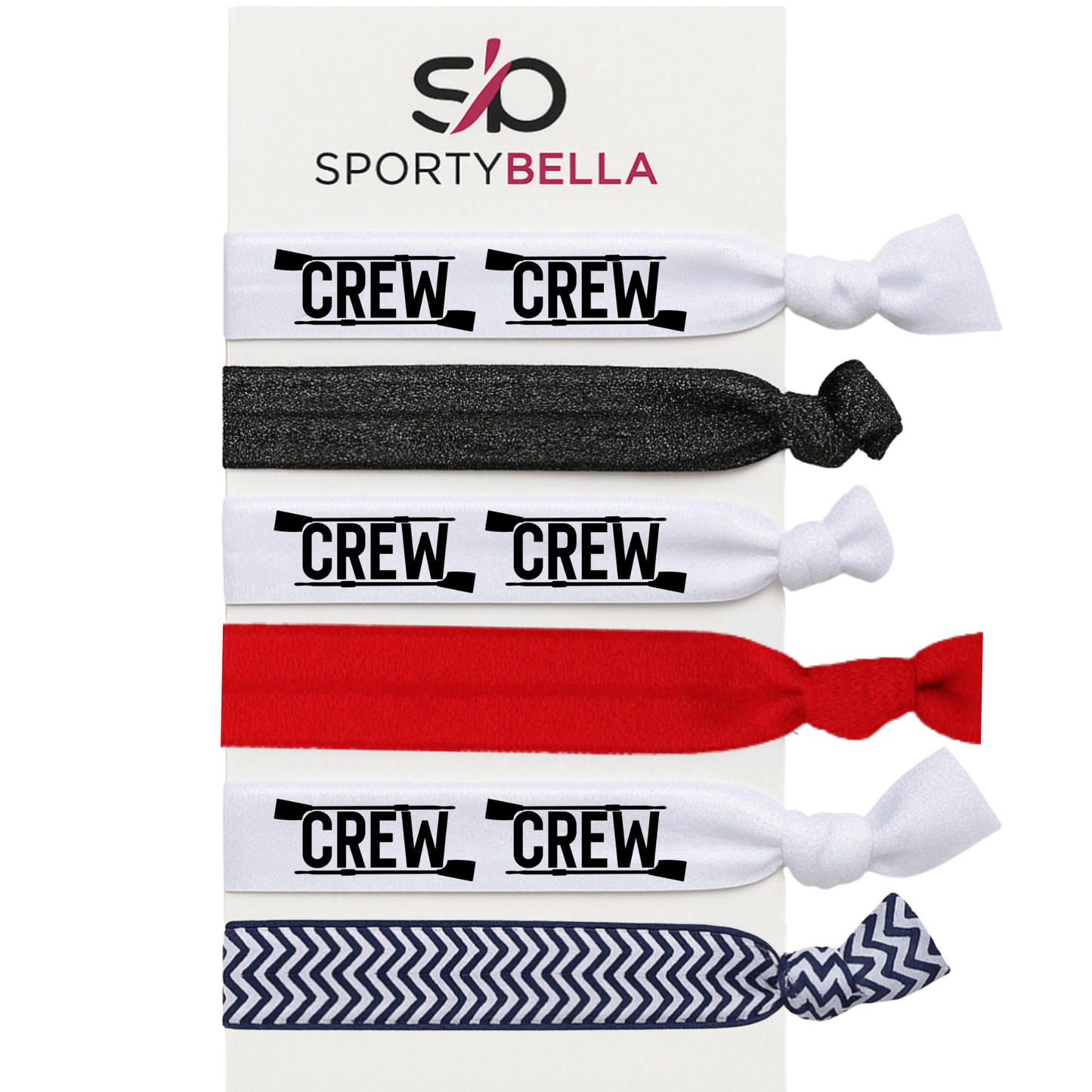 Set of 6 rowing hair ties with 'CREW' design, no crease ponytail holders for rowers and crew teams.