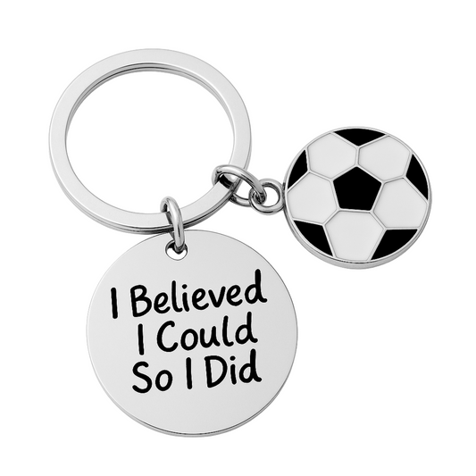 Motivational soccer keychain with “I Believed I Could So I Did” charm and silver soccer ball