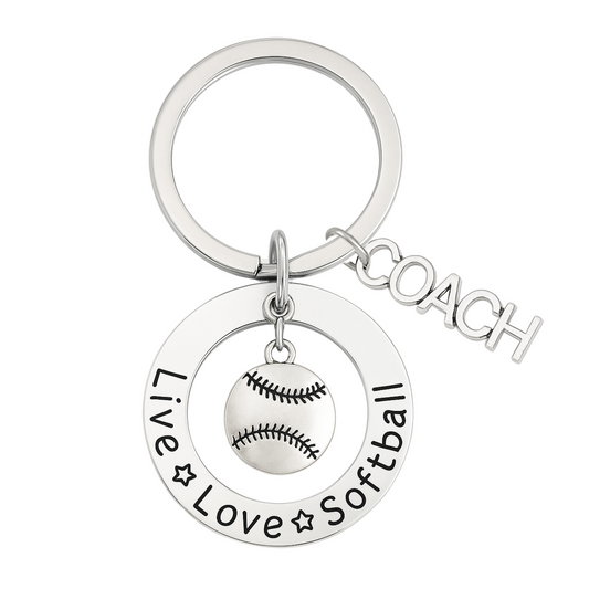 Live Love Softball keychain with silver-tone charms and bold COACH lettering, perfect appreciation gift for softball coaches