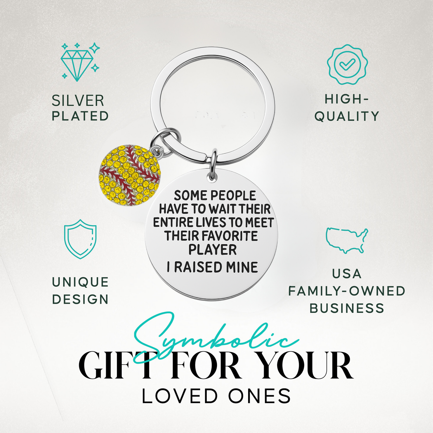 Product packaging with silver keychain, softball charm, and gifting icons