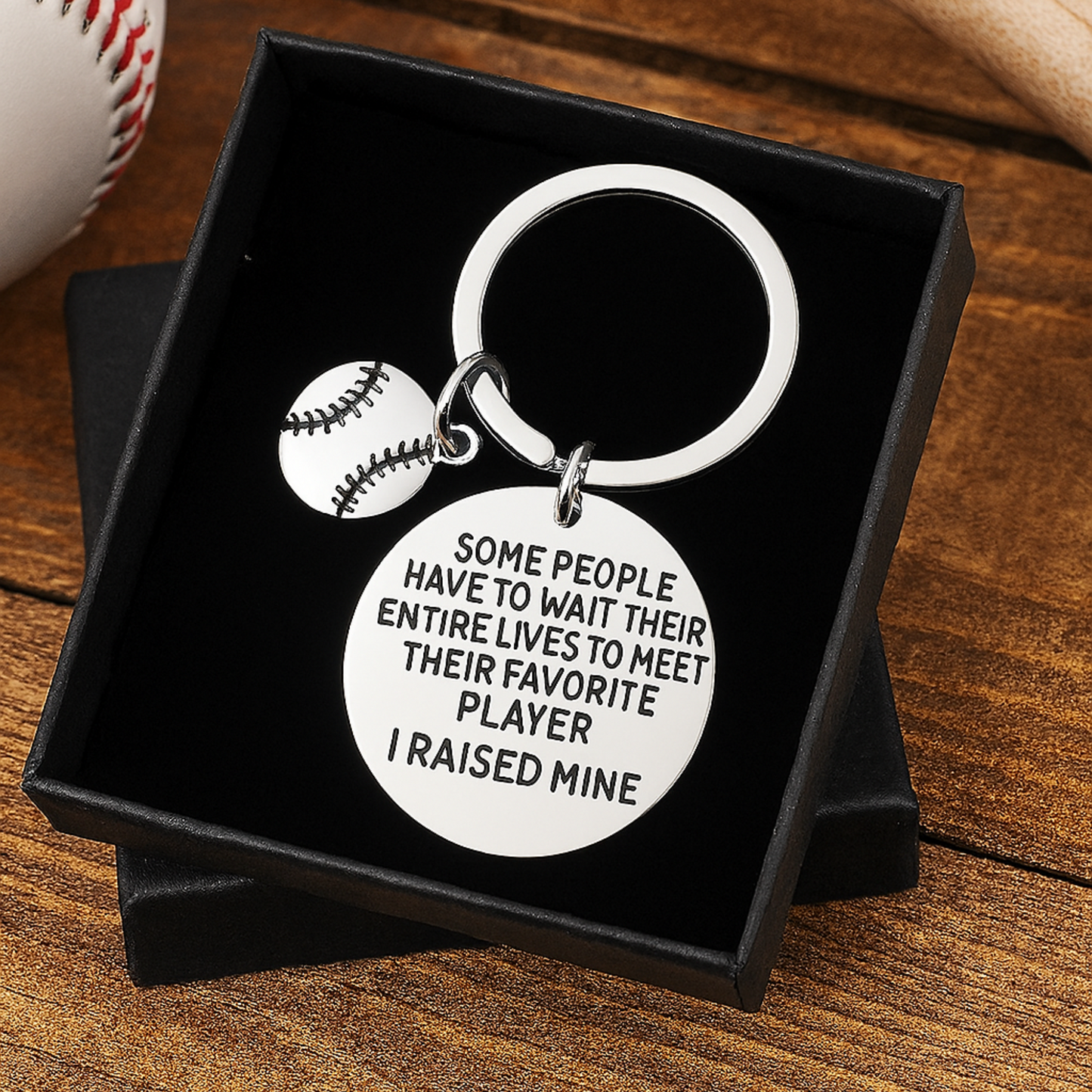 Keychain presented in gift box with engraved message for softball moms