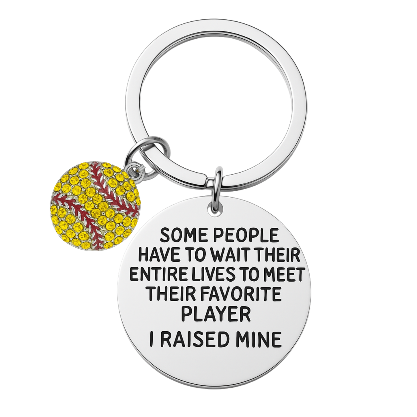 Softball keychain featuring motivational quote and yellow ball charm on white background