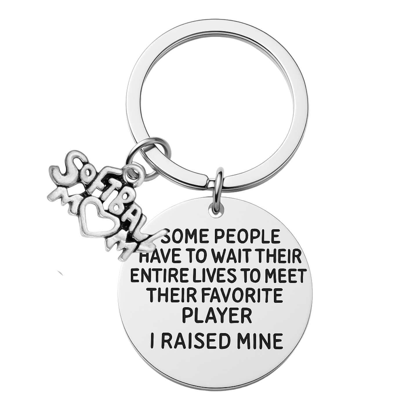 Inspirational softball mom keychain with glove and ball charms attached to ring