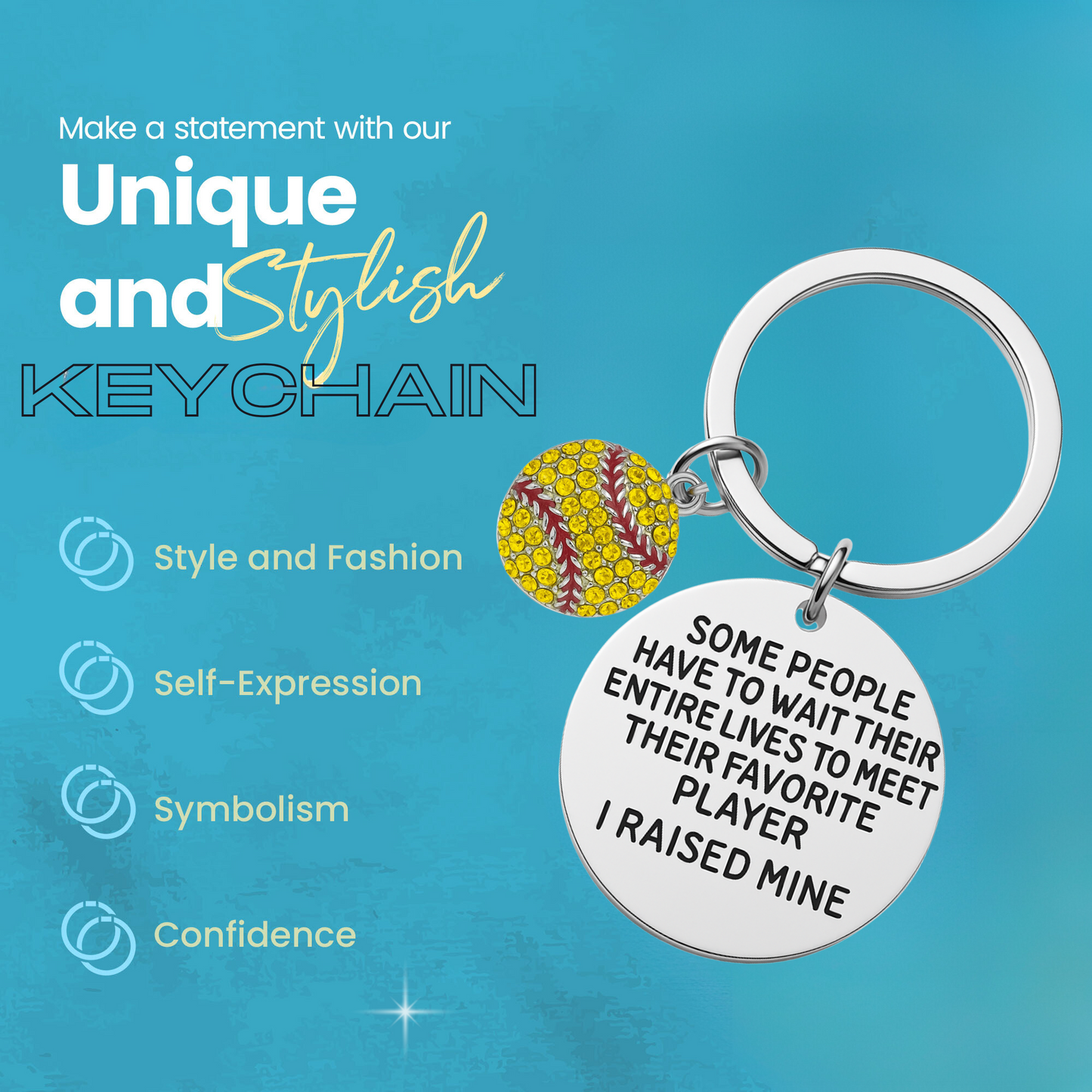 Close-up of keychain with quote and softball charm on black textured surface