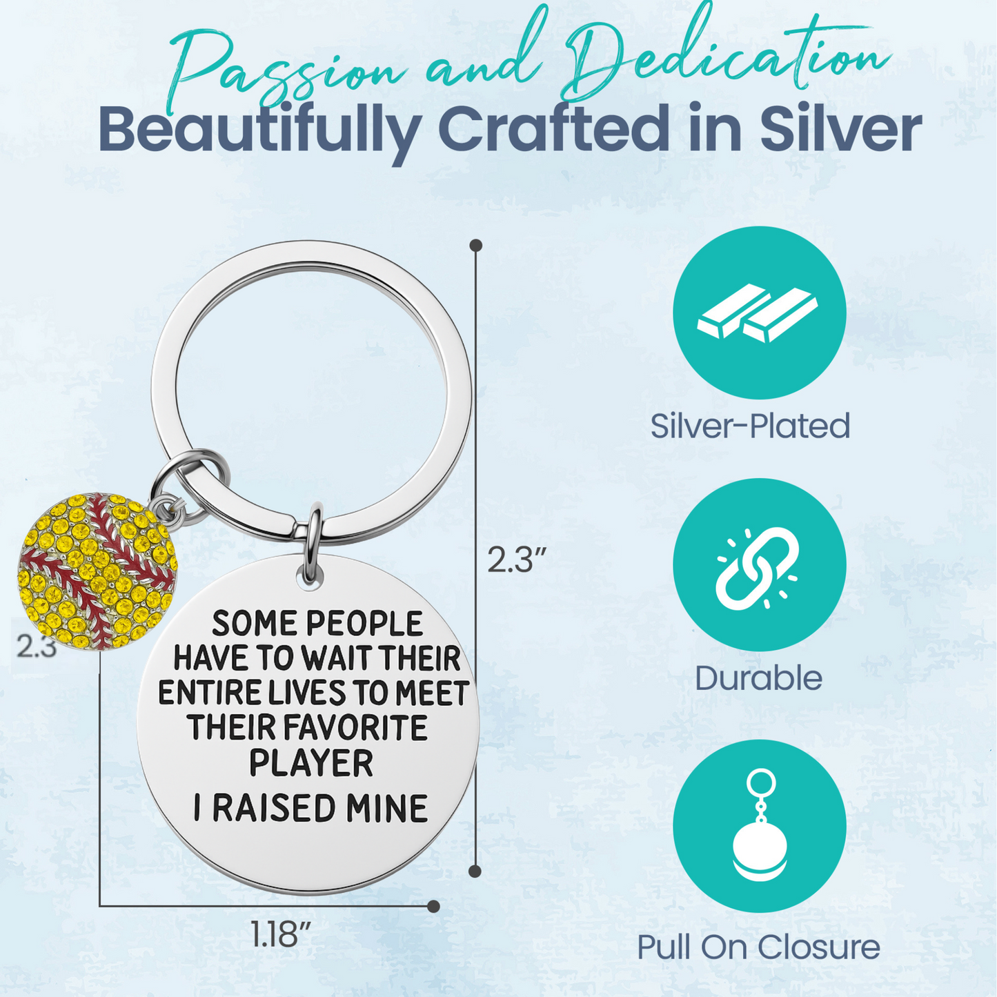 Feature image on blue background showing keychain's durable and stylish qualities