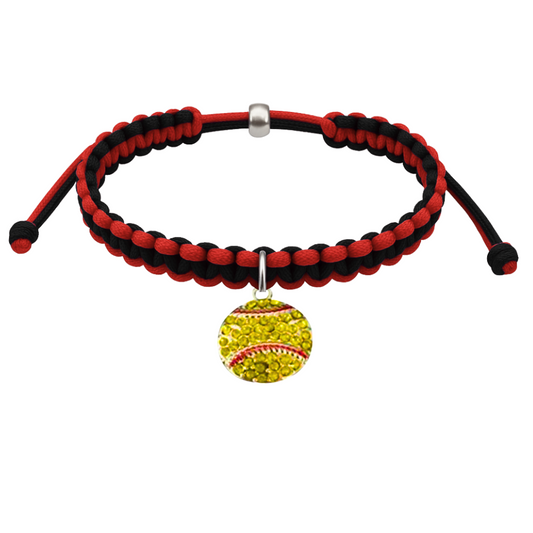 Softball charm multi-colored rope bracelet with adjustable sizing, perfect for girls as a softball gift.