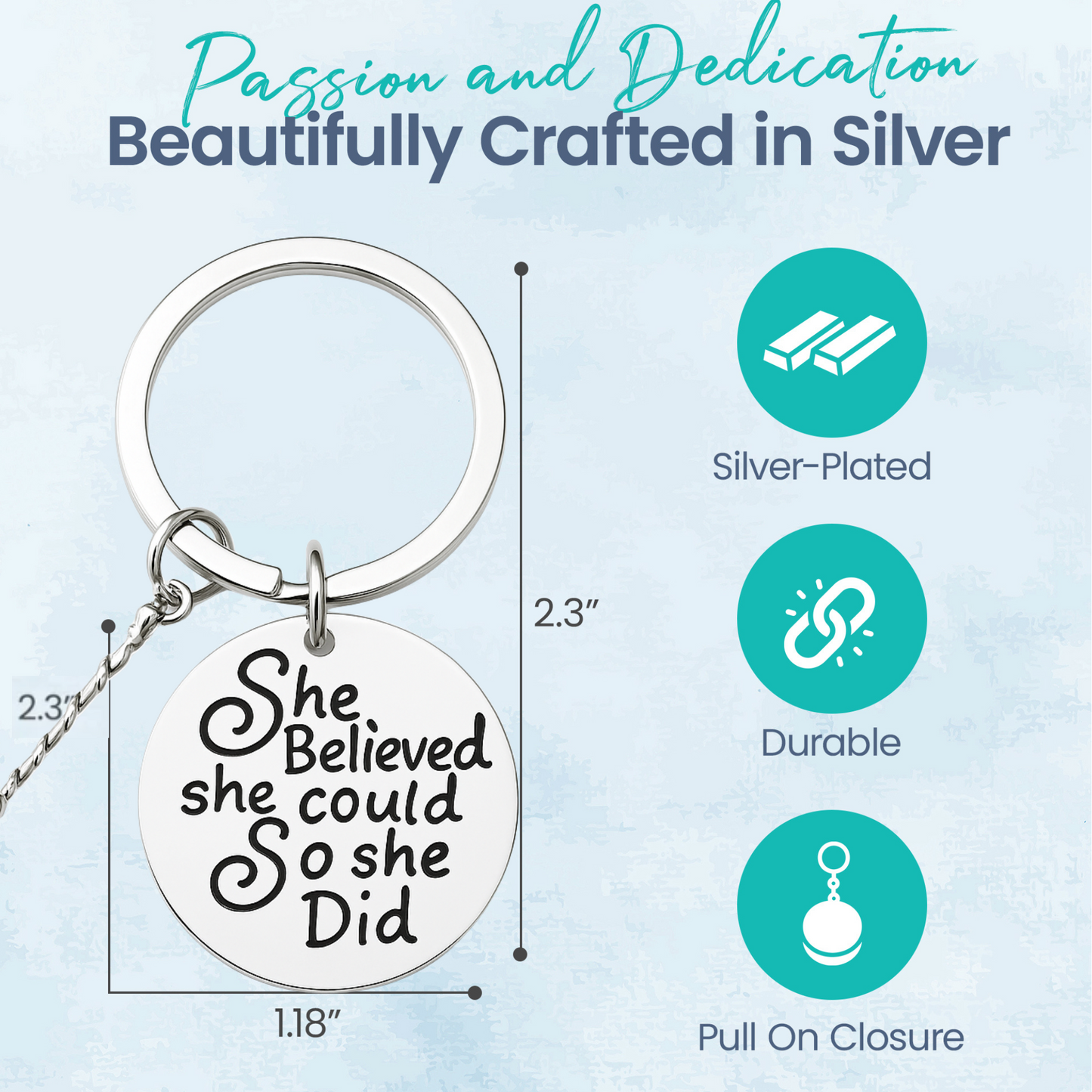 Product feature image showcasing silver twirling keychain with icons for rust resistance and quality