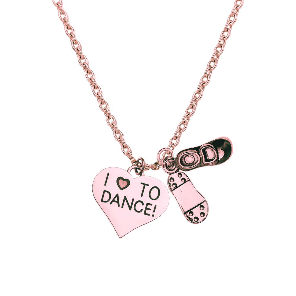 Rose gold tap dance necklace with heart charm "I ❤️ TO DANCE!" and tap shoe charms, perfect recital gift.