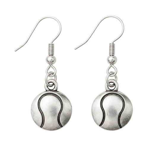 Silver-tone tennis ball dangle earrings with antique finish and stainless steel hooks