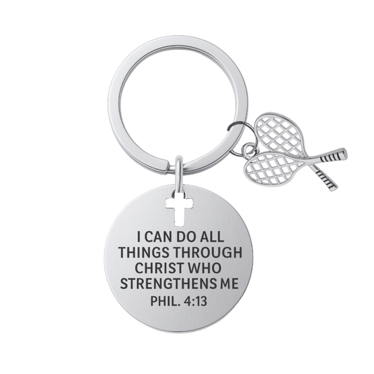 Tennis Charm Keychain, Christian Faith Charm Keychain, I Can Do All Things Through Christ Who Strengthens Me