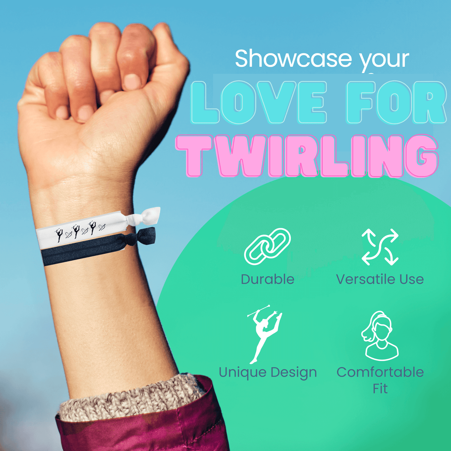 Hand showing off a stylish twirling bracelet, emphasizing durability and comfortable fit for twirlers.