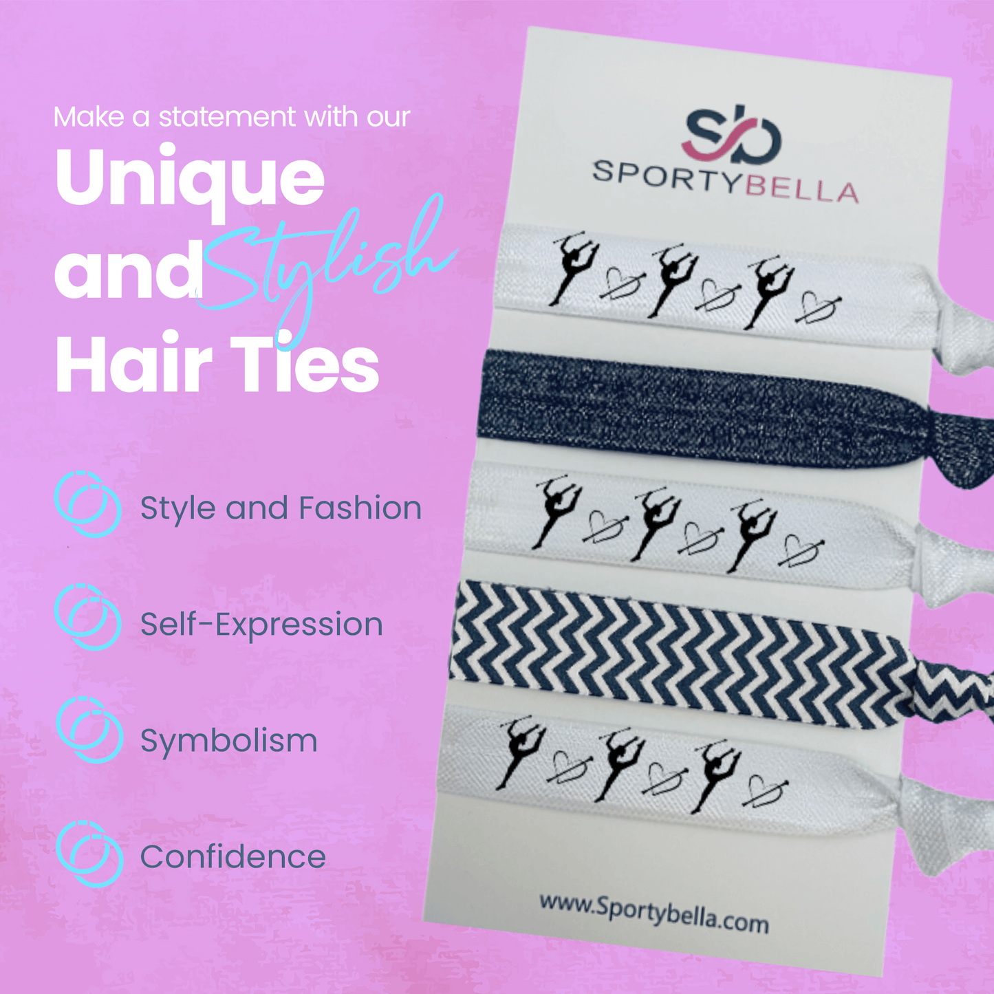 Stylish elastic hair ties by SportyBella with twirlers and heart design, emphasizing style, self-expression, and confidence.