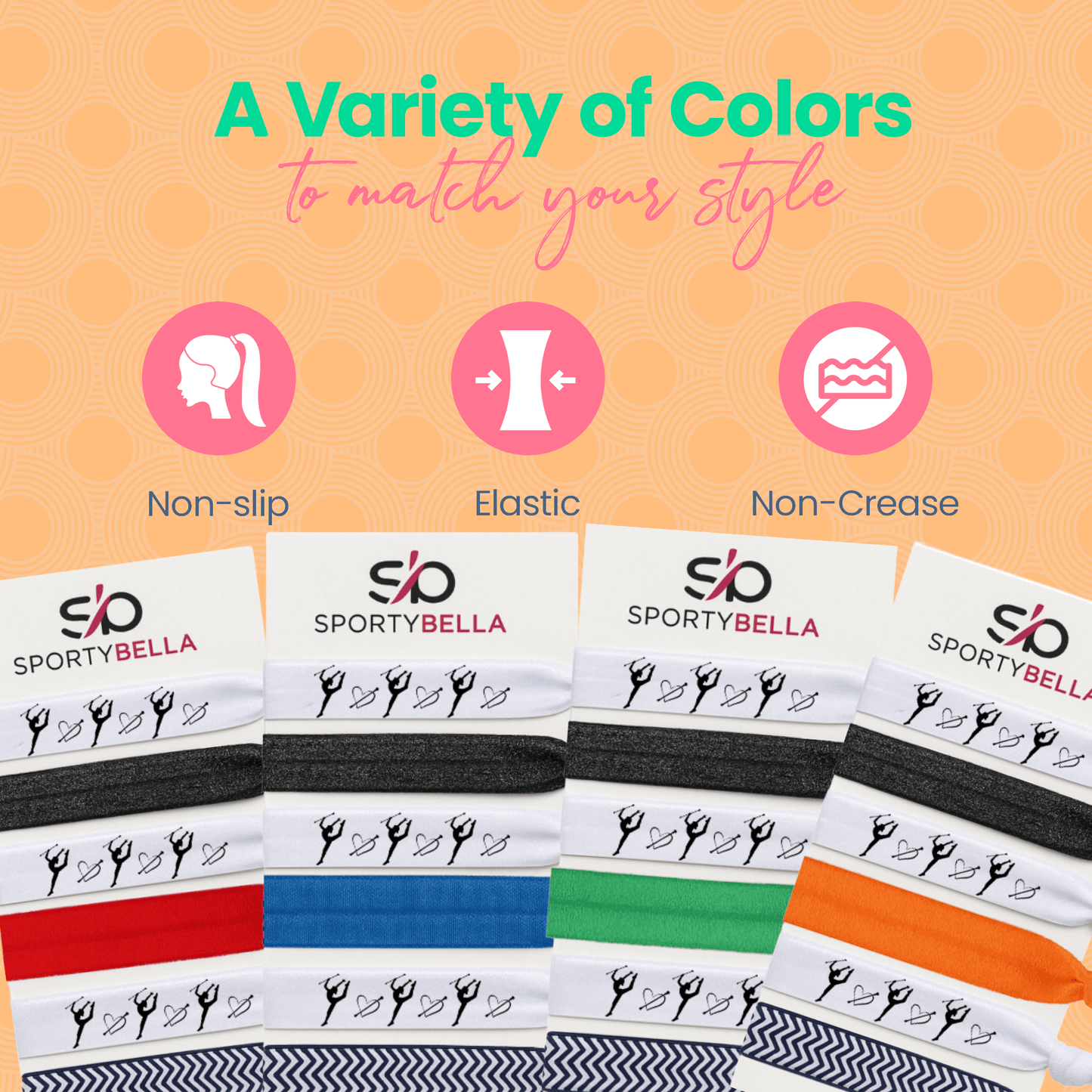 Colorful no crease hair ties by SportyBella, featuring non-slip and elastic materials for comfortable wear.