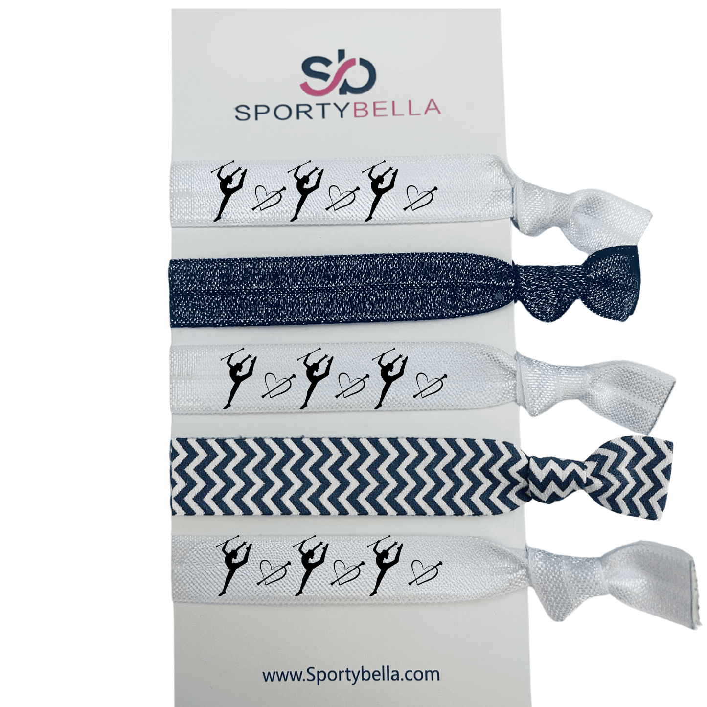 Twirling hair ties set featuring baton silhouettes and hearts, perfect girls twirling gift for performers.