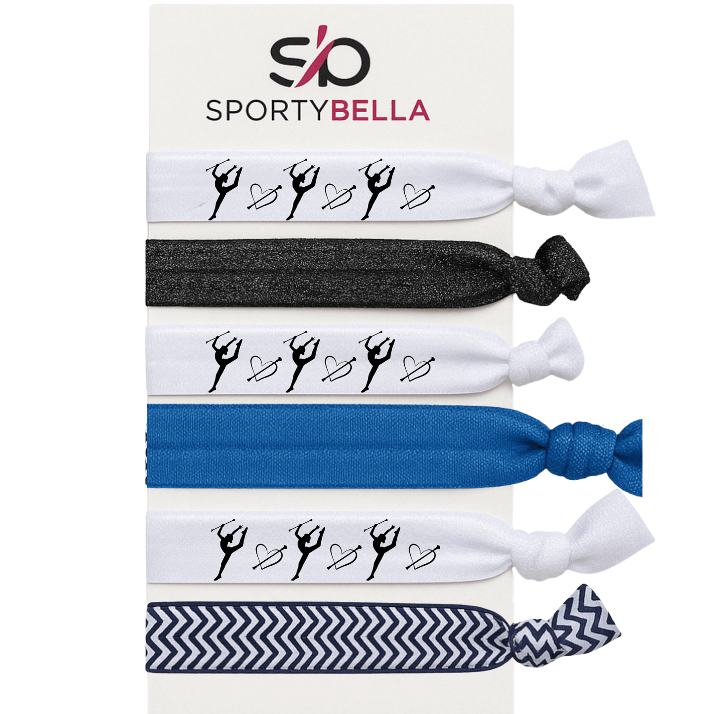 Set of 6 twirling hair ties featuring baton silhouettes, perfect girls twirling gift for performers.