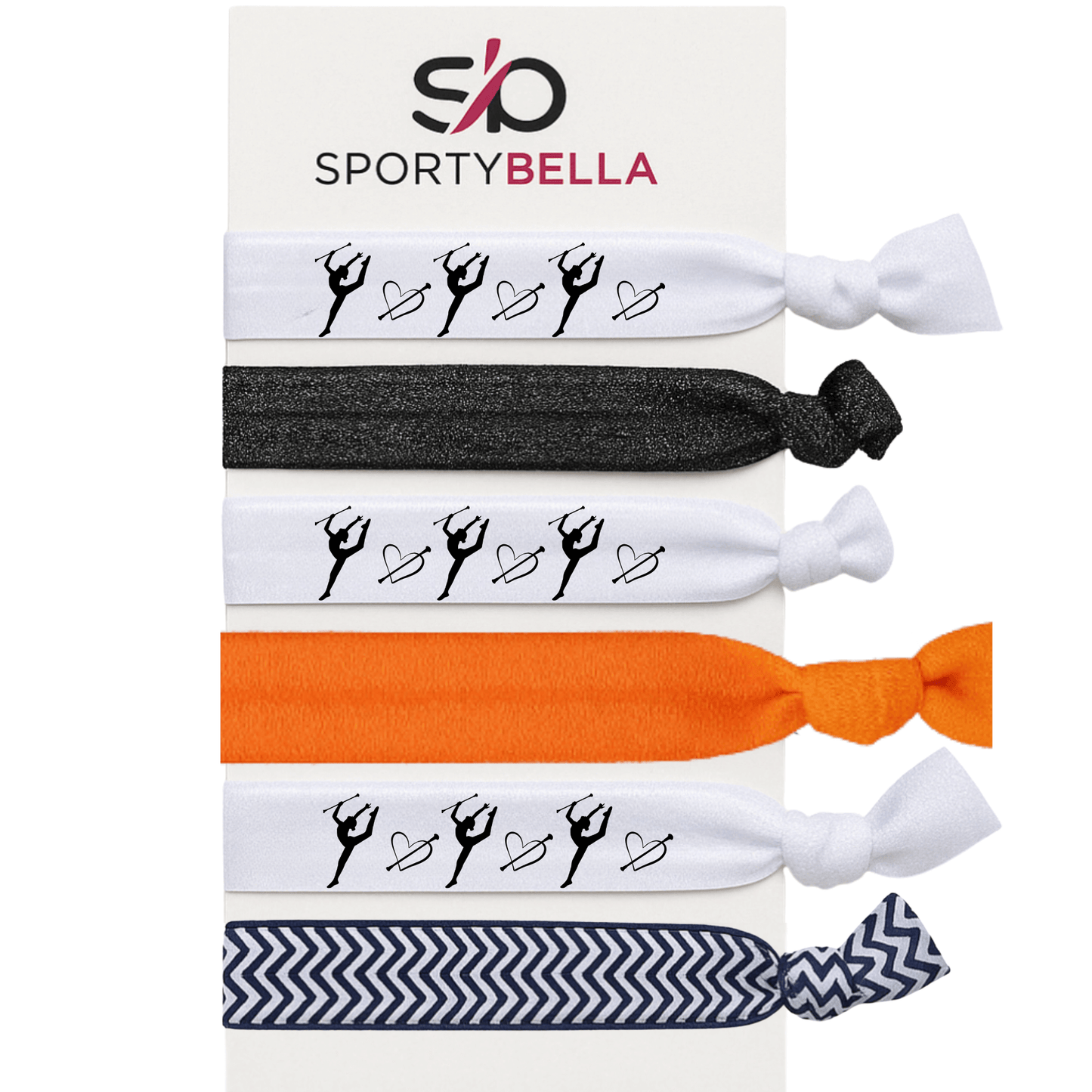 Set of 6 no crease twirling hair ties featuring twirler and heart designs, perfect gift for twirlers and performers.