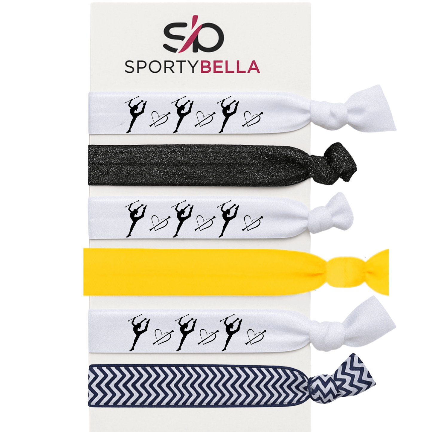 Set of 6 no crease hair ties for baton twirlers featuring twirler silhouettes and heart designs.