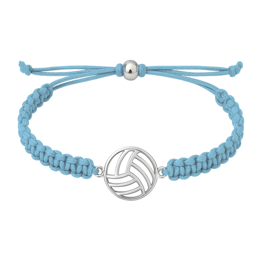 Light blue volleyball rope bracelet with silver stainless steel volleyball charm and adjustable slip-knot closure