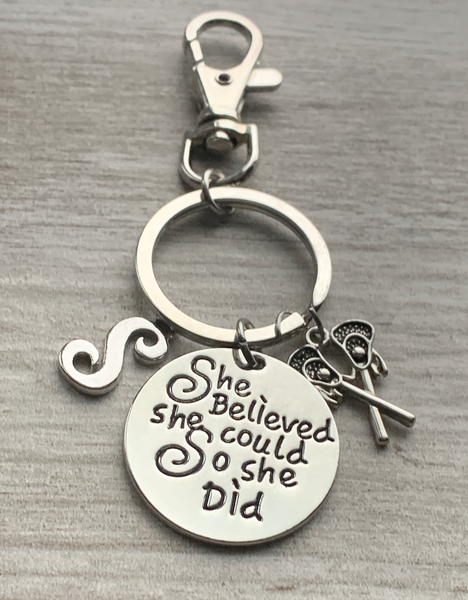 Lacrosse Zipper Pull Keychain with Letter Charm