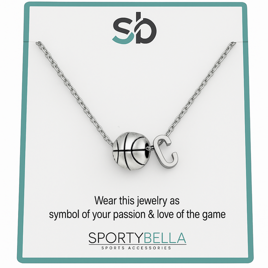 Personalized basketball necklace with initial charm and basketball pendant by SportyBella on display card