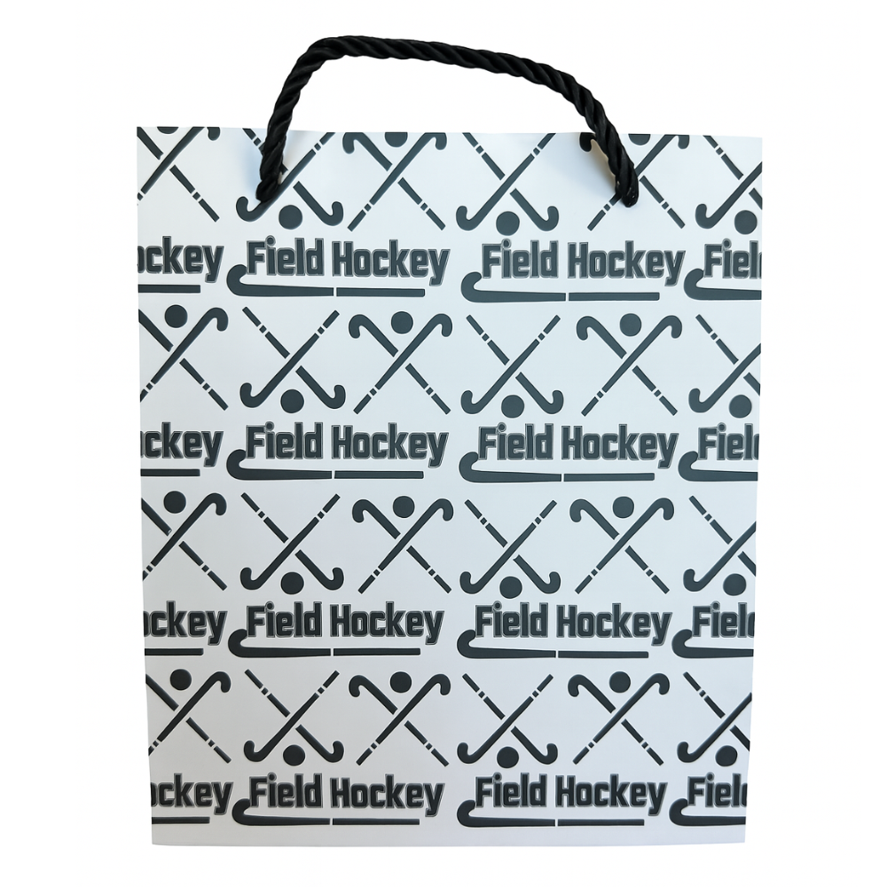Field hockey gift bag with printed designs, ideal for birthdays and special events, made from premium paper.