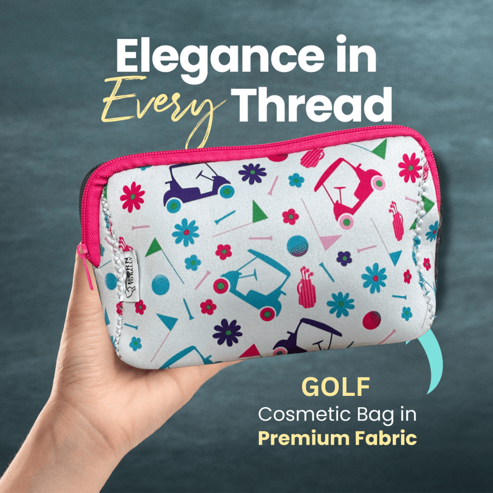 Golf pink cosmetic bag featuring golf carts and floral patterns, perfect as a stylish golf gift and accessory.