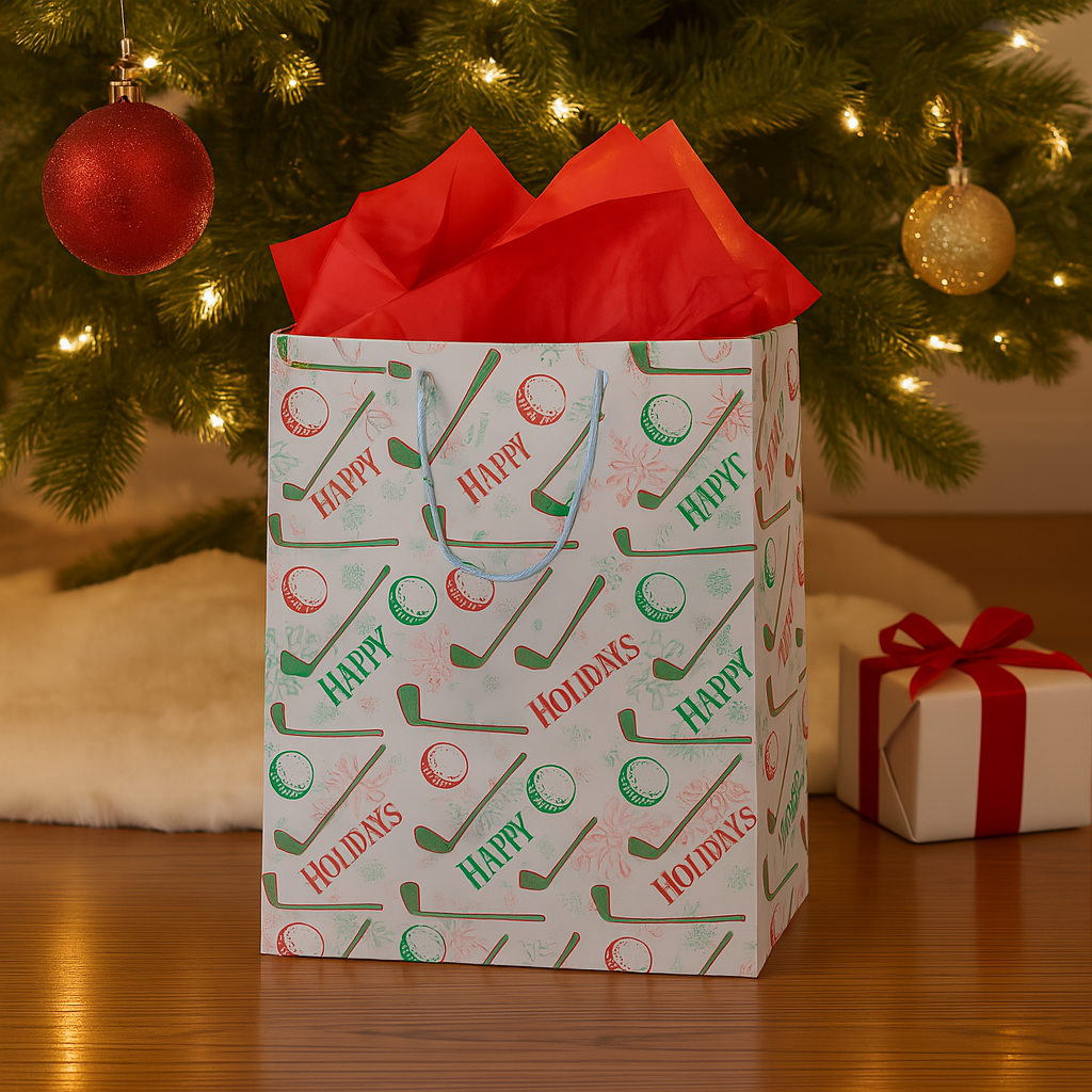 Festive golf-themed gift bag with red and green design, perfect for golf lovers during the holidays.