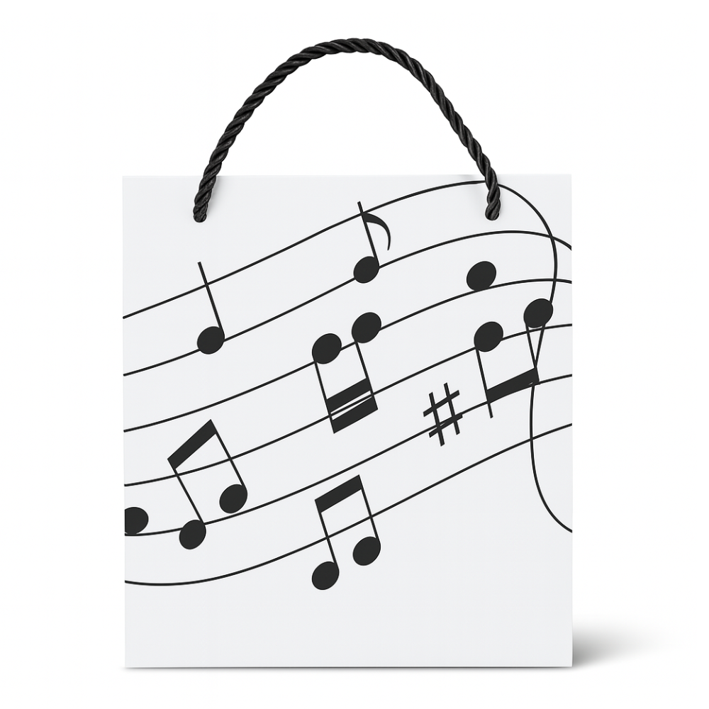 Music gift bag with musical notes design, perfect for wrapping birthday gifts and thoughtful giveaways.