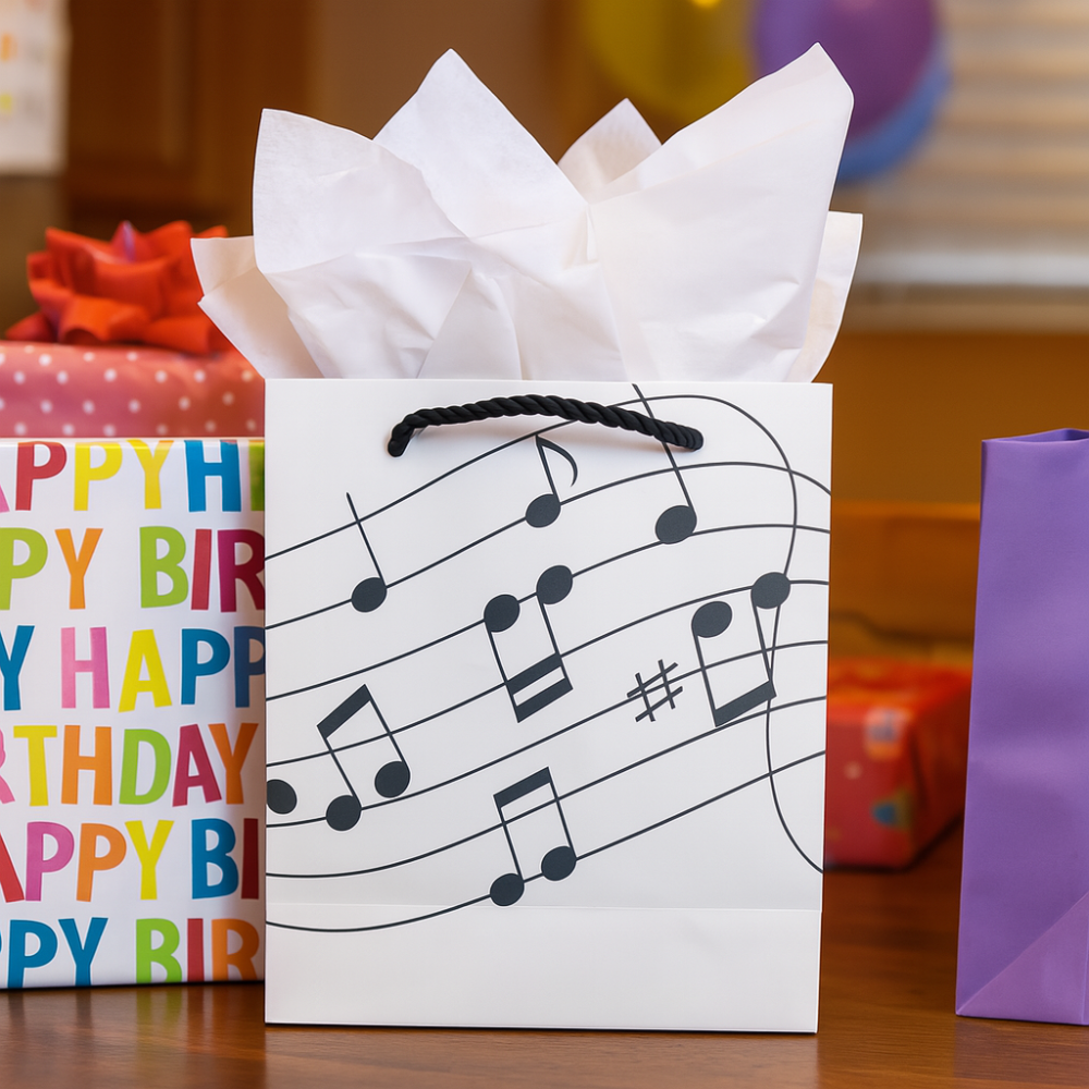 Music gift bag with musical notes design, perfect for wrapping birthday gifts and thoughtful giveaways.