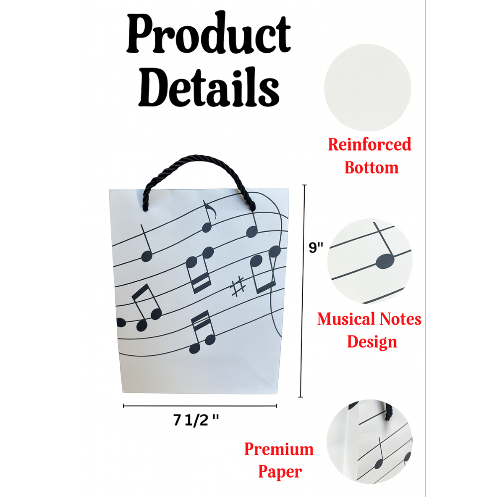 Music gift bag with musical notes design, 7 1/2" x 3 1/2" x 9", made of premium paper with reinforced bottom.