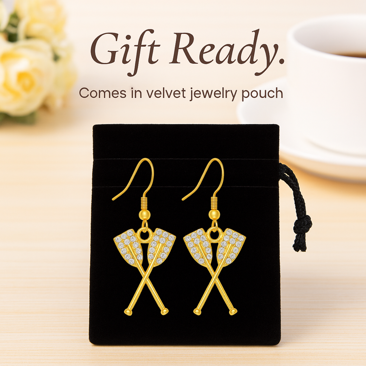 Gold Oar CZ Dangle Earrings