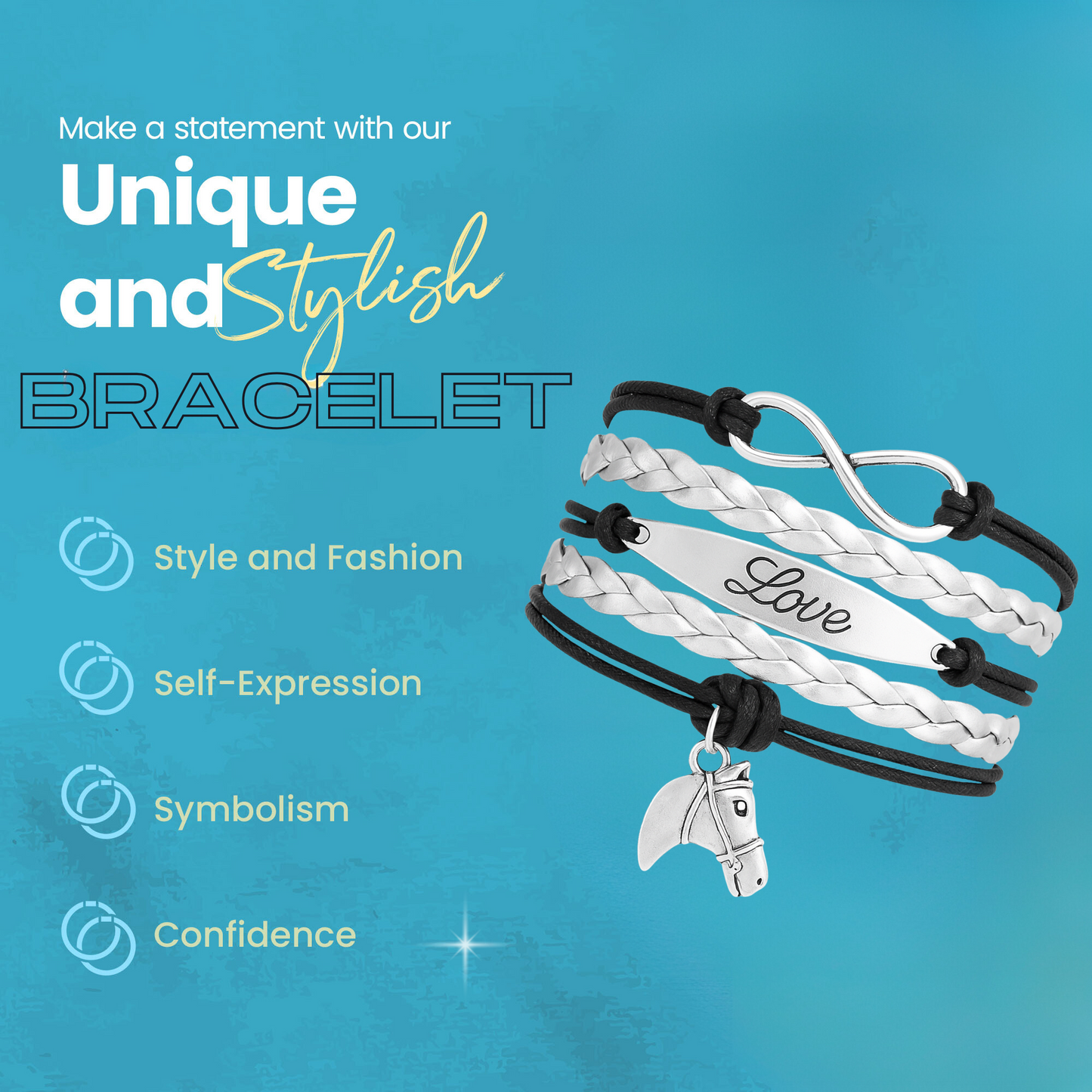 Horse Black Infinity Charm Bracelet - Pick Charm