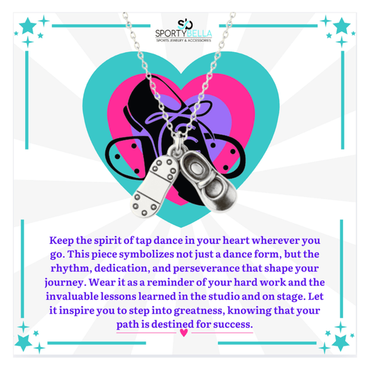 Tap dance necklace on a message card, celebrating rhythm and perseverance; ideal dance recital gift.