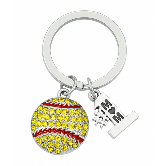 Softball mom keychain with yellow rhinestone softball charm and silver-tone #1 MOM tag, perfect gift for sports moms