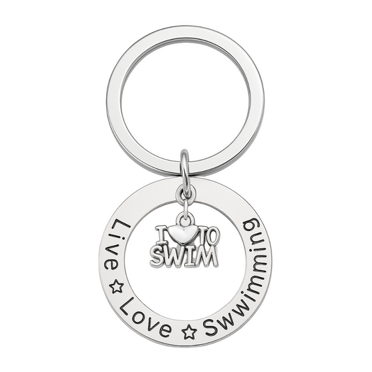 Silver swim keychain with circular charm engraved with 'Live Love Swimming' and dangling 'I Love to Swim' charm in center – swimmer gift accessory