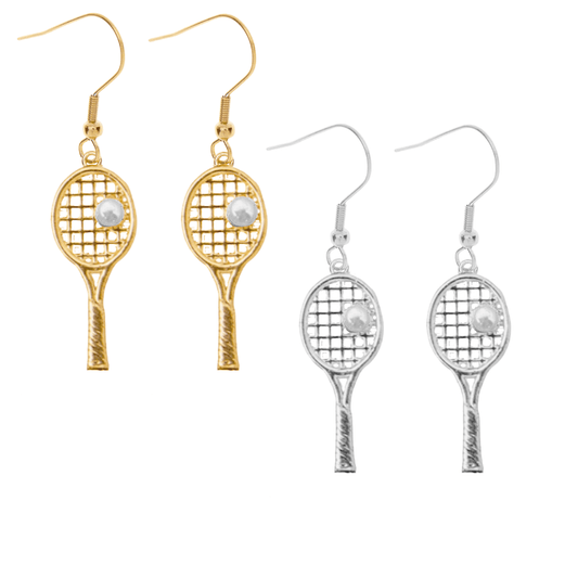 Gold and silver tennis racket dangle earrings with pearl accent