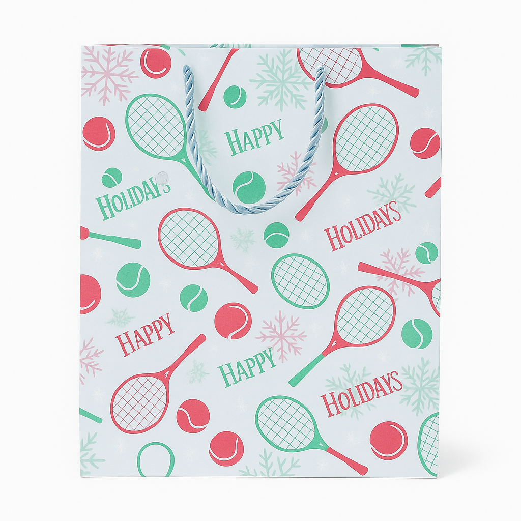 Tennis-themed holiday gift bag with rackets and tennis balls, perfect for tennis lovers and festive gifting.